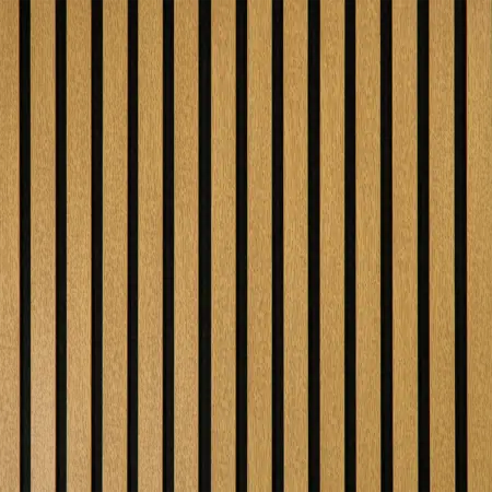Detaliu cu lamele verticale din panou riflaj MDF si pasla cu finisaj tip teak